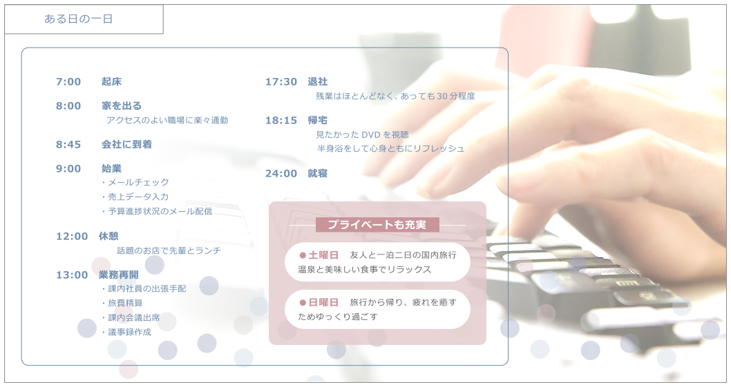 エムシャインの特徴には、プライベートを充実させながら働くことができるというポイントがあります。１日のスケジュールをごらんになればわかるとおり、就業時間はのびのびと働き、プライベートの時間はしたいことをするという理想の形が実現します。それも、マンパワーグループという大手企業だから実現することです。