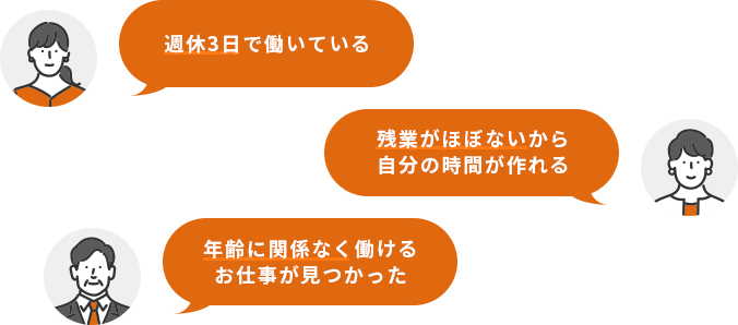週休3日で働いている、残業がほぼないから自分の時間が作れる、年齢に関係なく働ける仕事がみつかった
